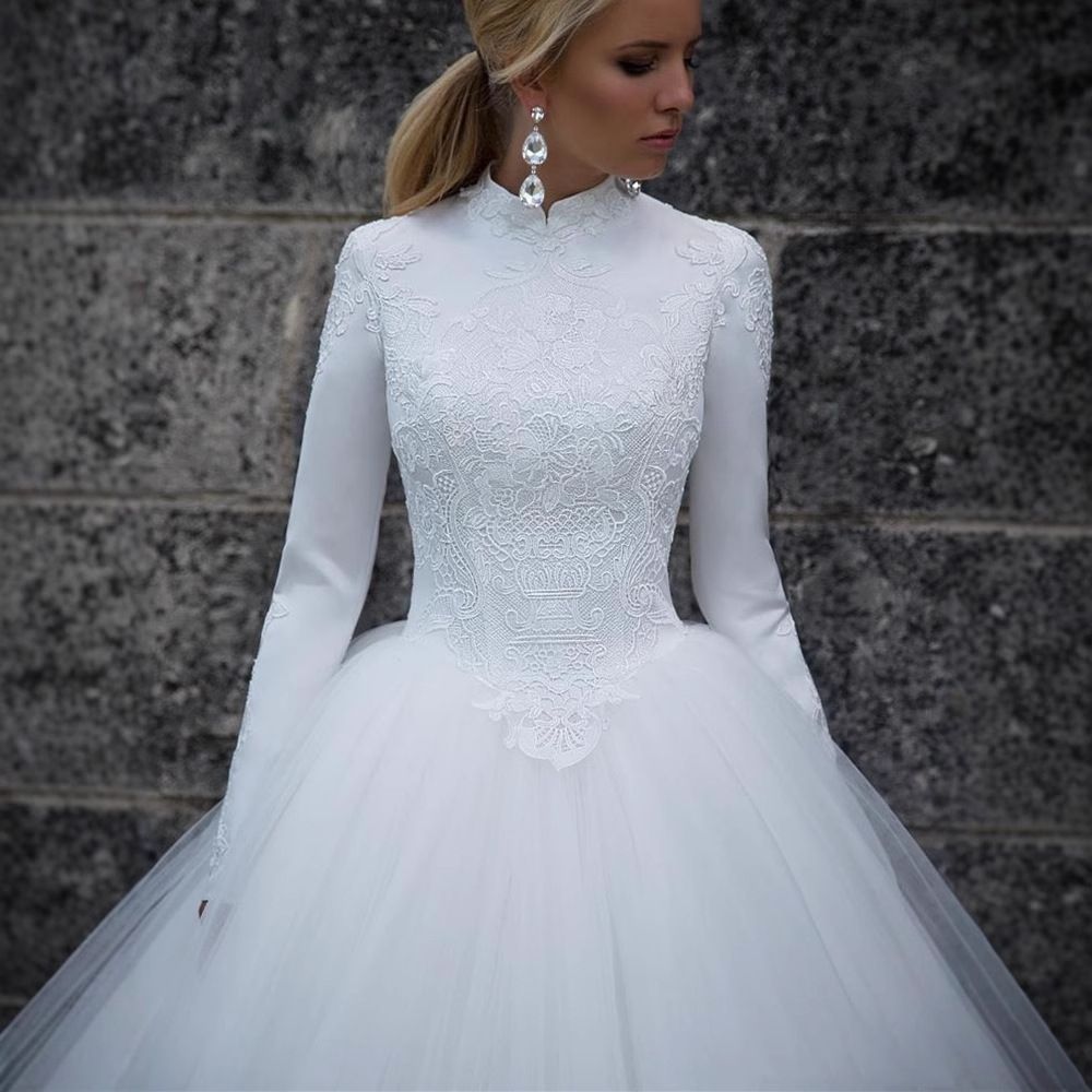 ウェディングドレス新婦2025 白色レースミドルウエストウェディングドレス