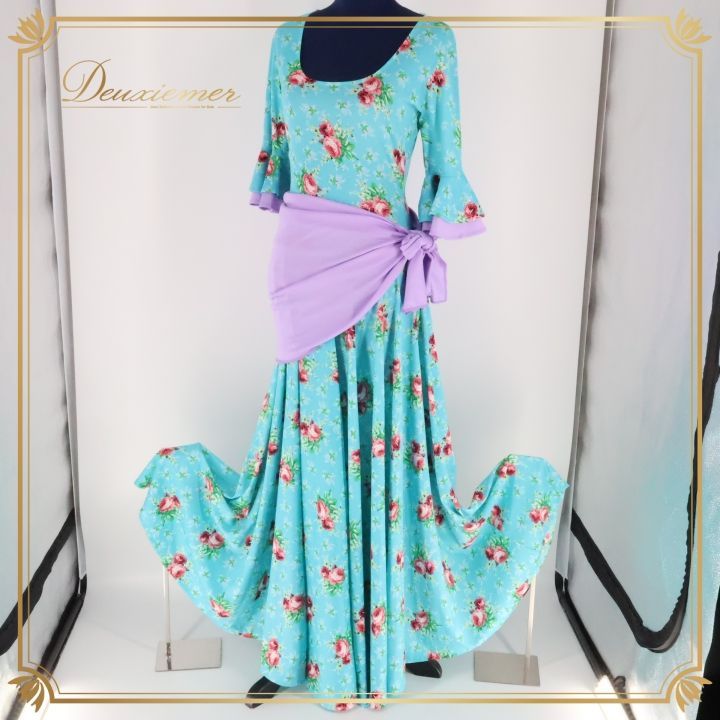 ベリーダンス フォークロア衣装 ワンピース ドレス ブルー系 水色 ピンク系 パープル系 紫 花柄 コスチューム 練習着 舞台 発表会 イベント スカート フ ダンスウェア リラックス おしゃれ ステージ衣装 フラワープリント かわいい