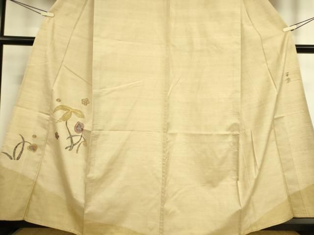 平和屋着物▽西陣　宮階織物　宮繍苑　里葉　付下げ　単衣　紬地　草花文　正絹　逸品　DAAQ3565az 平和屋着物▽西陣 宮階織物 宮繍苑 里葉 付下げ 単衣 紬地 草花文 正絹