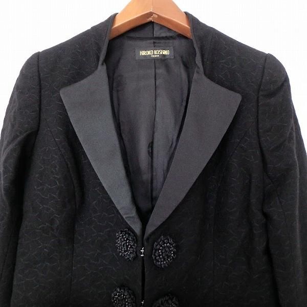 ヒロココシノ ウール100% ノーカラージャケット 9号 黒　ブラック　個性的 ヒロココシノ ウール100% ノーカラージャケット 9号 黒 ブラック 個性的