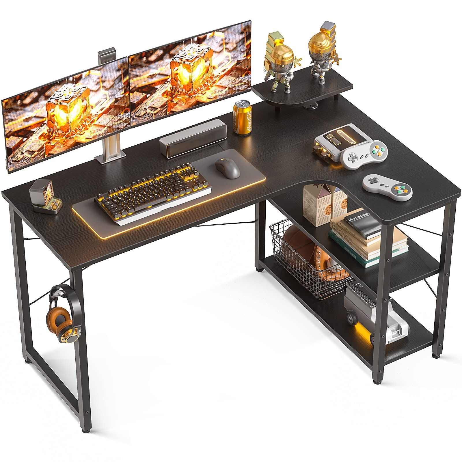 人気商品 机 デスク 幅130 desk 棚付き パソコンデスク 在宅勤務 pcデスク l字 ?子 勉強机 ゲーミングデスク L字型 組立簡単 ODK ブラック 右棚