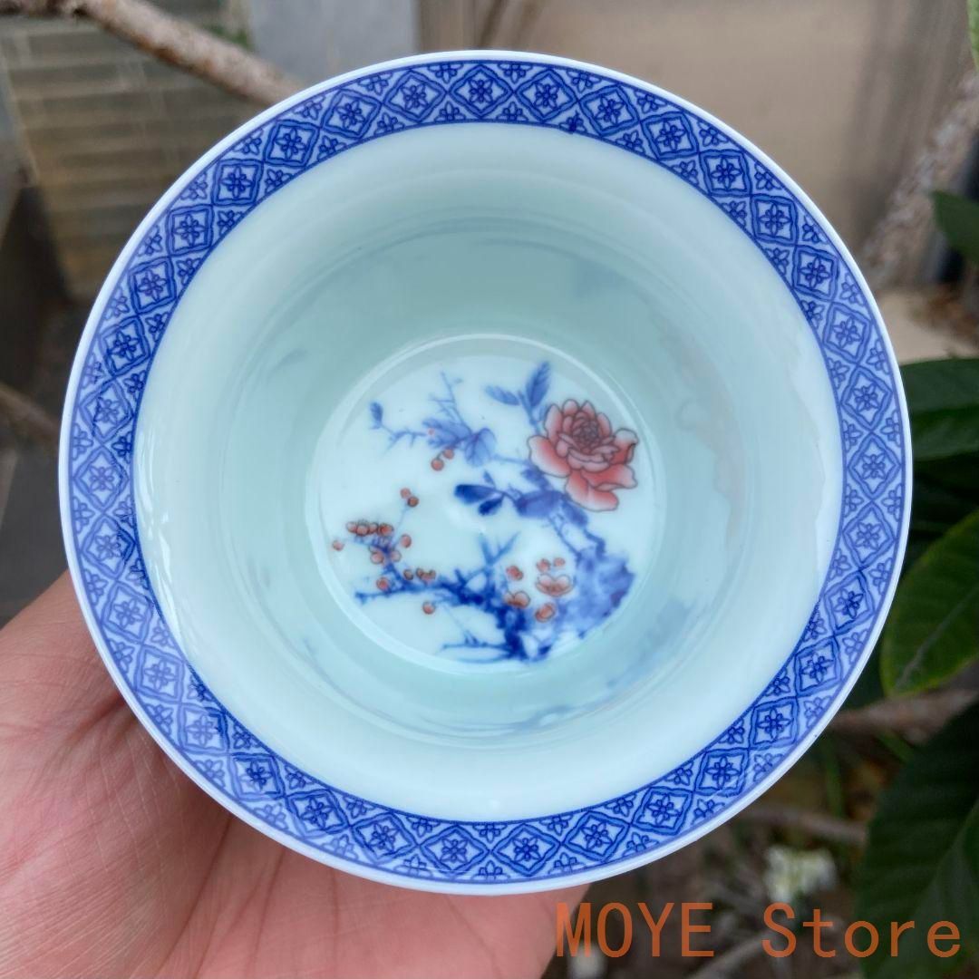 中国茶器 景徳鎮 陶磁器 青花馬蹄三才蓋碗 喜上眉梢 茶碗 煎茶器 新品