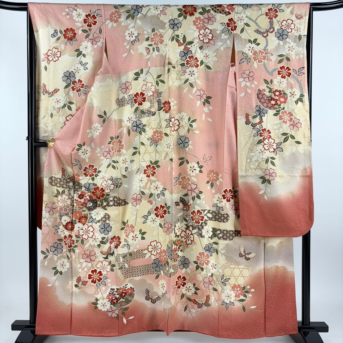 振袖 身長160-175cm 水色×ピンク 正絹 ○ B) 加賀友禅 正絹 振袖 帯 六通 百花繚乱 白 ピンク 黒 紫 水色