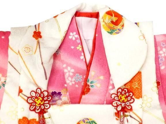七五三 三歳用 着物 被布 7点 セット ピンク地 鈴 小桜 柄 No.2301