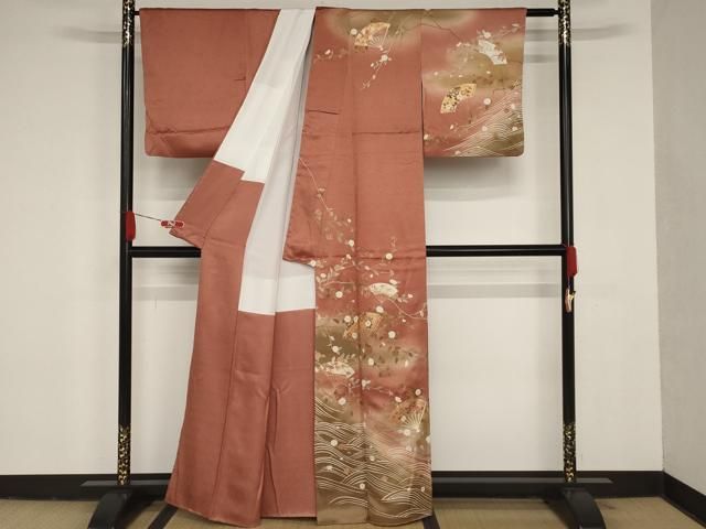 平和屋着物▽訪問着　単衣　流水文　正絹　逸品　AAAZ3999jh 平和屋着物□訪問着 絞り 刺繍 流水扇面花文 正絹 逸品 BAAM1701xi