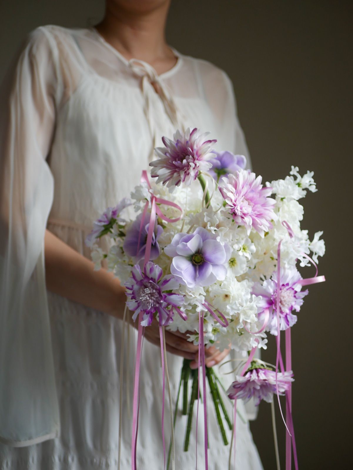 韓国ブーケ　造花ブーケ　ウェディングブーケ　アーティフィシャルフラワー　リボンブー　ライラック ブートニア付き 送料無料