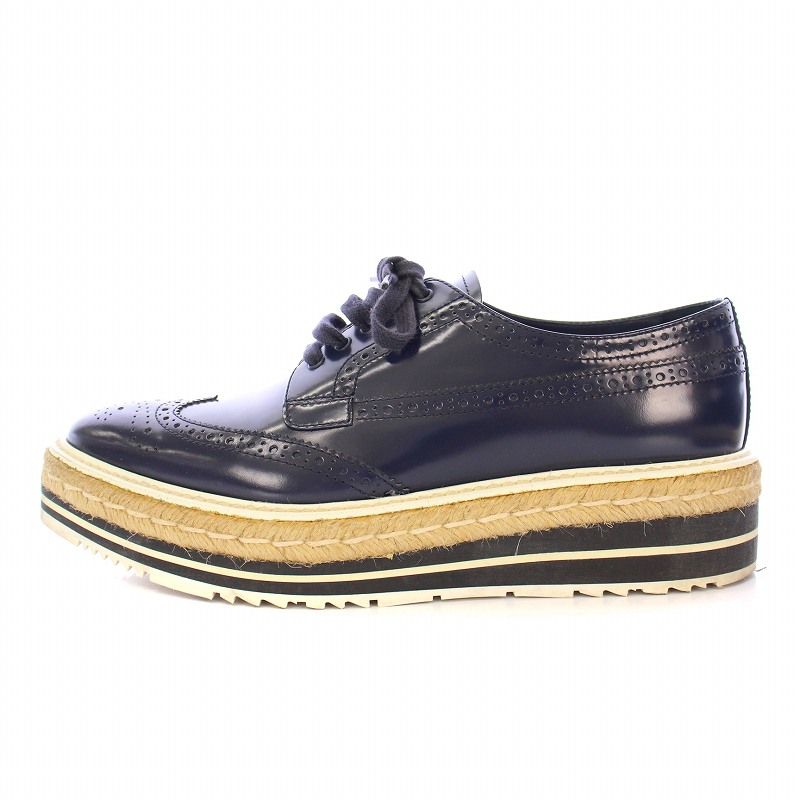 プラダ PRADA PLATFORM DERBY FULL BROGUE DRESS SHOES プラットフォームダービーフルプローグドレスシューズ 厚底 エスパドリーユ ウイングチップ レザー 切替 41 紺 ネイビー 1E722E |BB