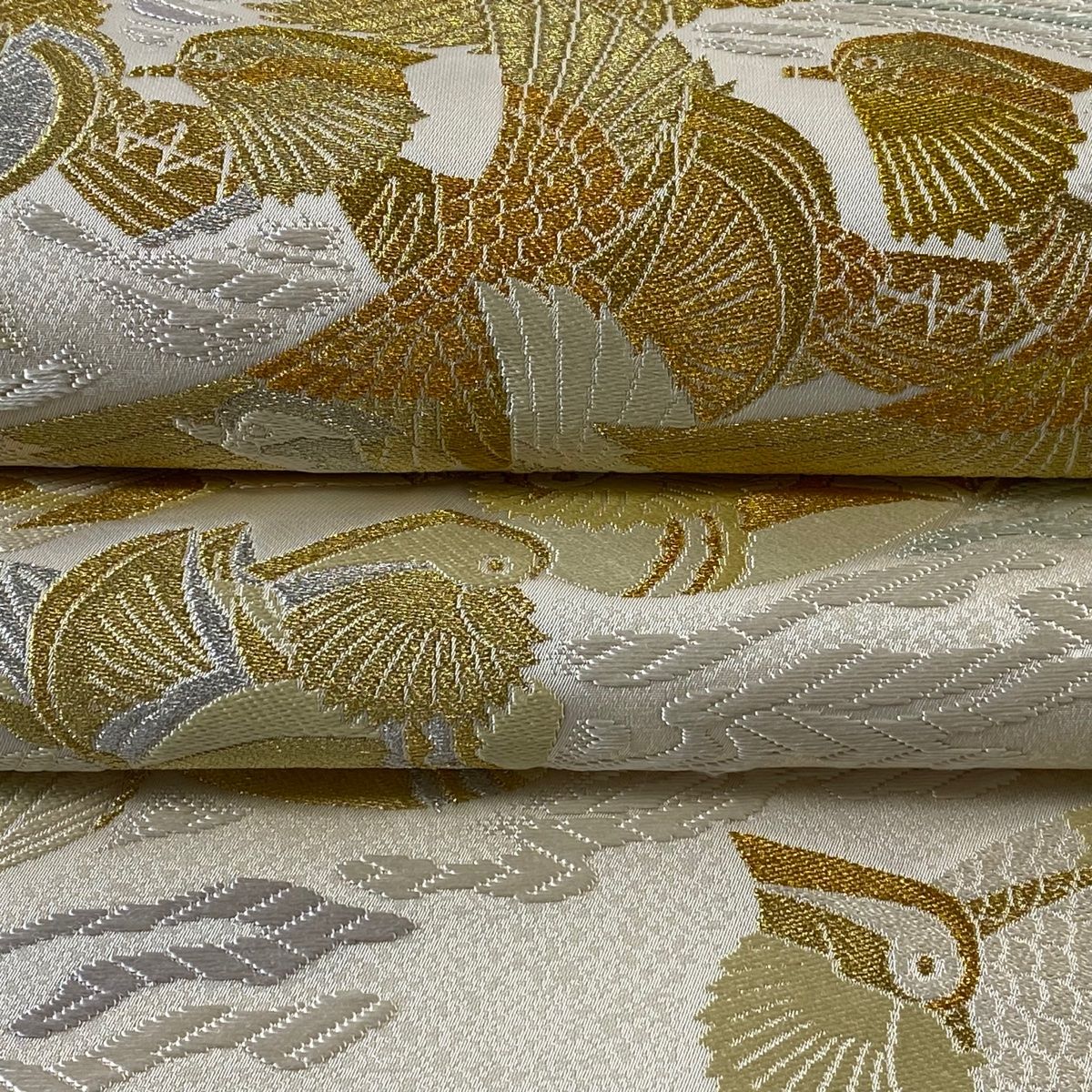 袋帯 美品 逸品 落款 羽田登喜男監修 寿鳥清粧文 流水 唐織 金
