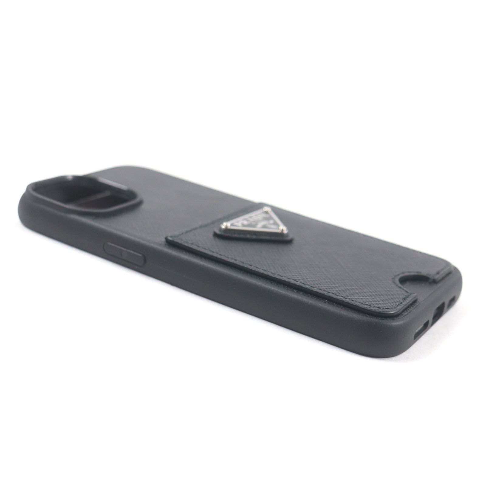 プラダ iPhone14ケース 1ZH162 三角プレート サフィアーノレザー黒