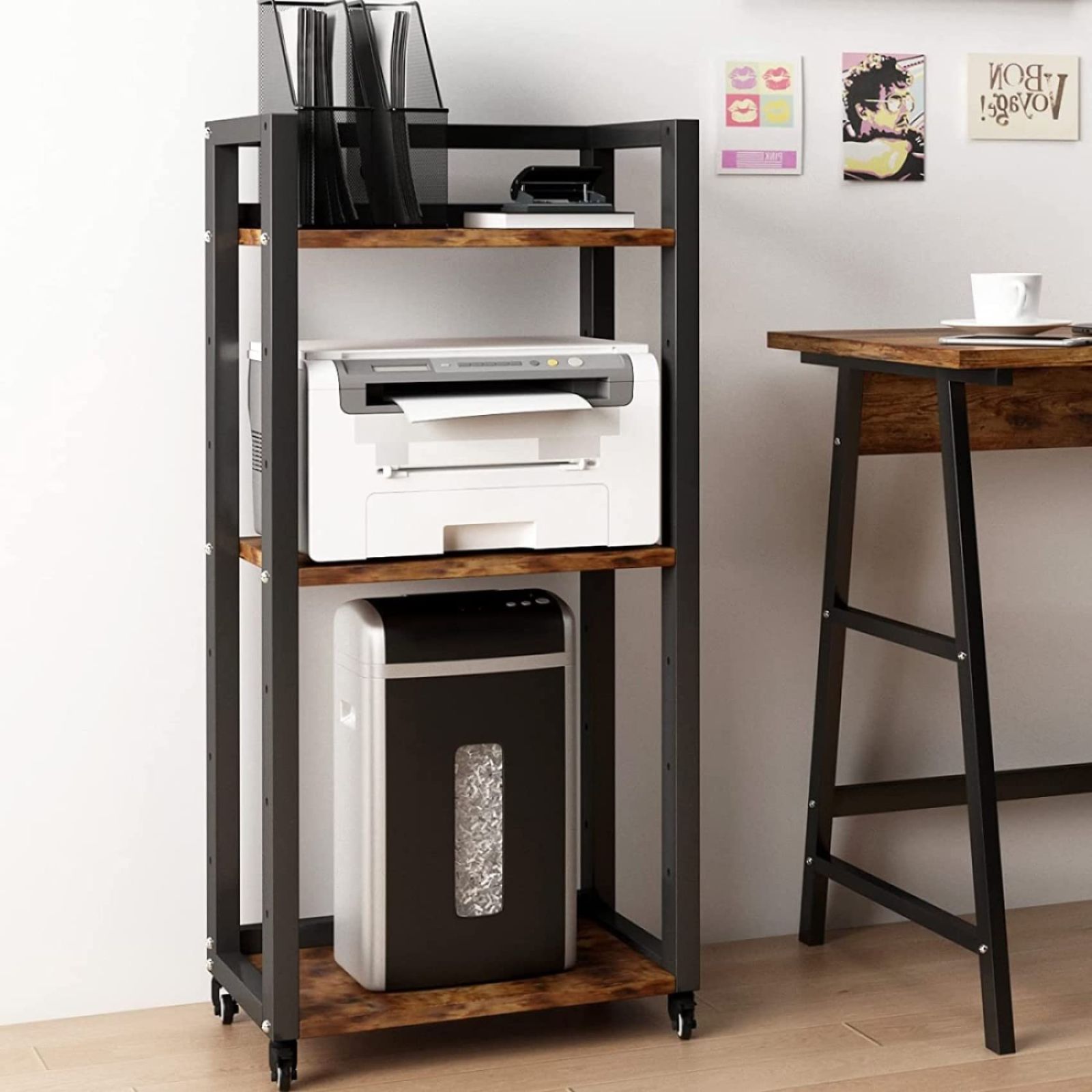 PUNCIA 3段 プリンターラック 幅53cm 奥行35cm 高さ101.5cm プリンター 置き 台 pc ワゴン キャスター付き プリンター台 棚板高さ調整 多用途 物置 収納棚 組み立て簡単 収納ラック オフィス 家庭用 (