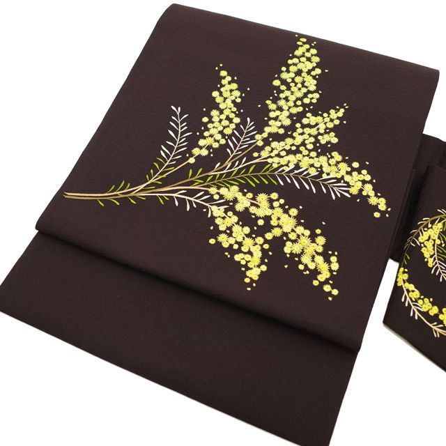 中古】すごい値！名古屋帯 九寸 やまと 扱い 正絹 刺繍 こげ茶地  