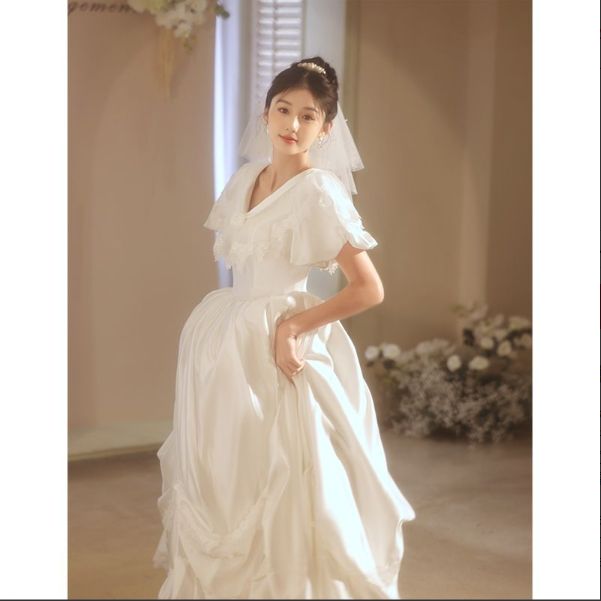 オフホワイト Vネック ロングドレス レトロデザイン 感 ウェディング 軽婚 !-利用不可文字-! 婚約 結婚式 成人式 パーティー 半袖 入荷