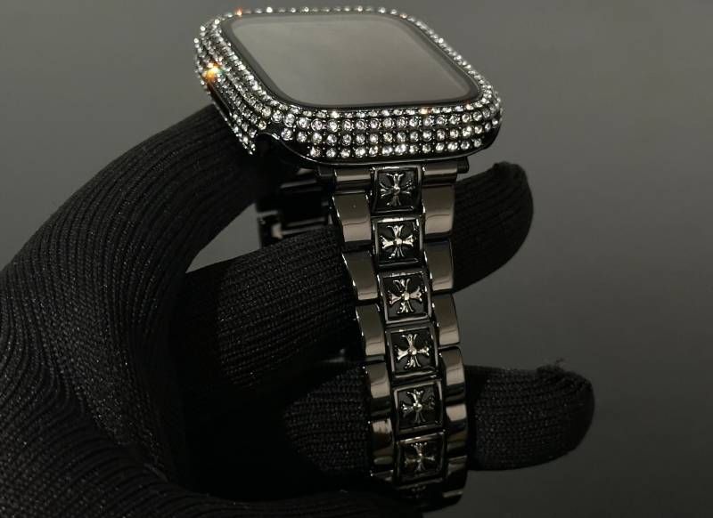 ブラック Apple Watchメタルバンド glassパヴェカバー アップルウォッチ ステンレスベルト クロスデザイン リンクブレスレット 画面保護ケース キラキラ メッキ 41mm42mm44mm45mm46mm49mm ultra ウルトラ