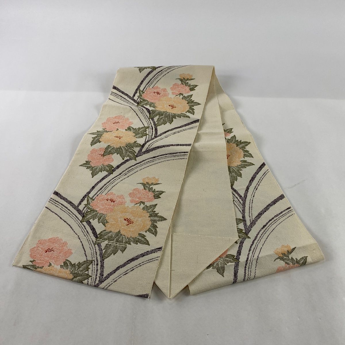 名古屋帯 美品 優品 八寸名古屋帯 松葉仕立て 草花 クリーム 正絹 【中古】