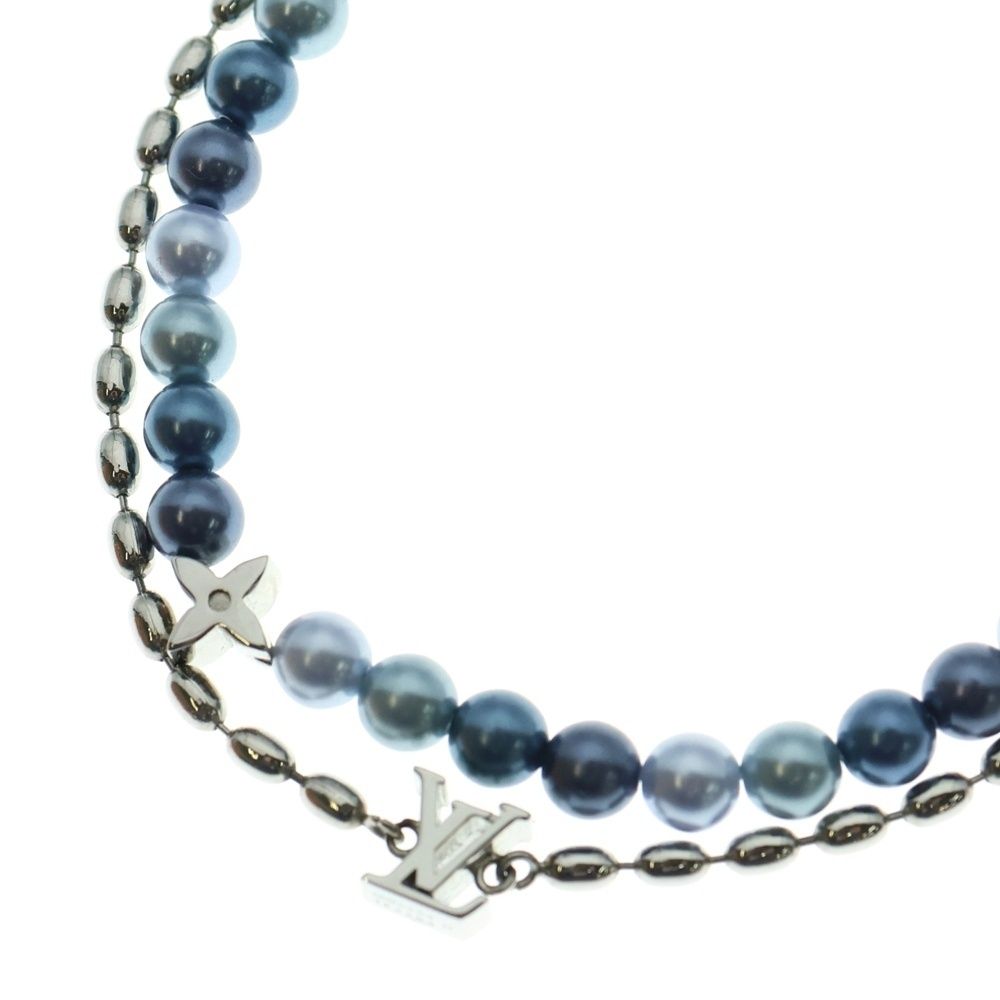 LOUIS VUITTON ルイヴィトン ガラスパール フュージョン LVイニシャル ダブルチェーン ネックレス M02224 ブルー×シルバー