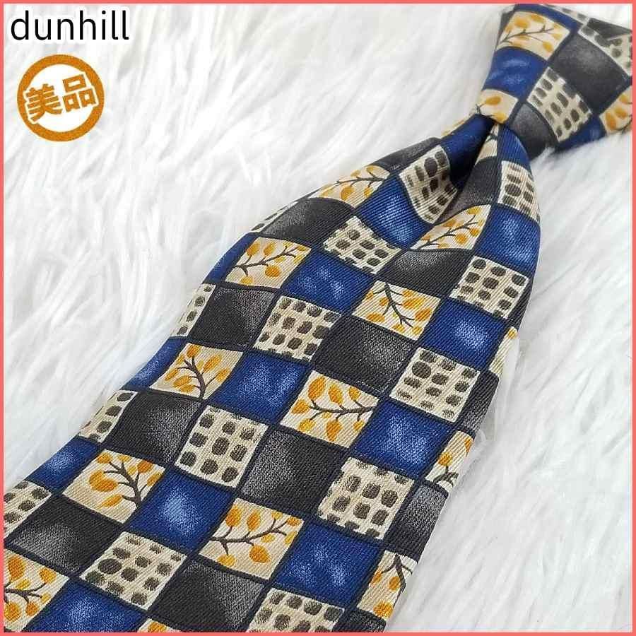 美品】ダンヒル dunhill ネクタイ ロゴ チェック柄 リーフ柄