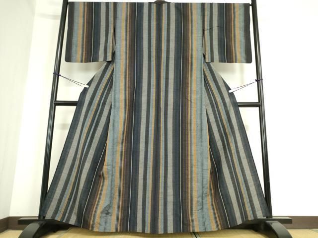 平和屋着物▽上質な紬 単衣 縞 正絹 逸品 DAAT9729az