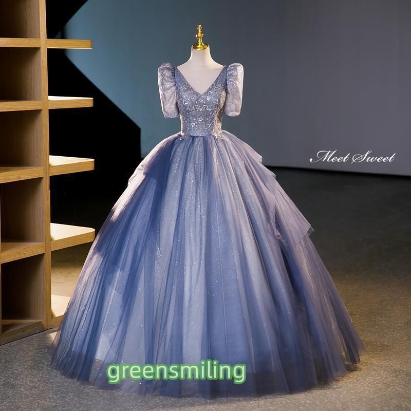 ドレス プリンセスライン ブルー 青 半袖 Vネック 編み上げ ロングドレス ウェディングドレス 結婚式 二次会 花嫁 前撮り 演奏会 発表会 ステージ衣装4.09