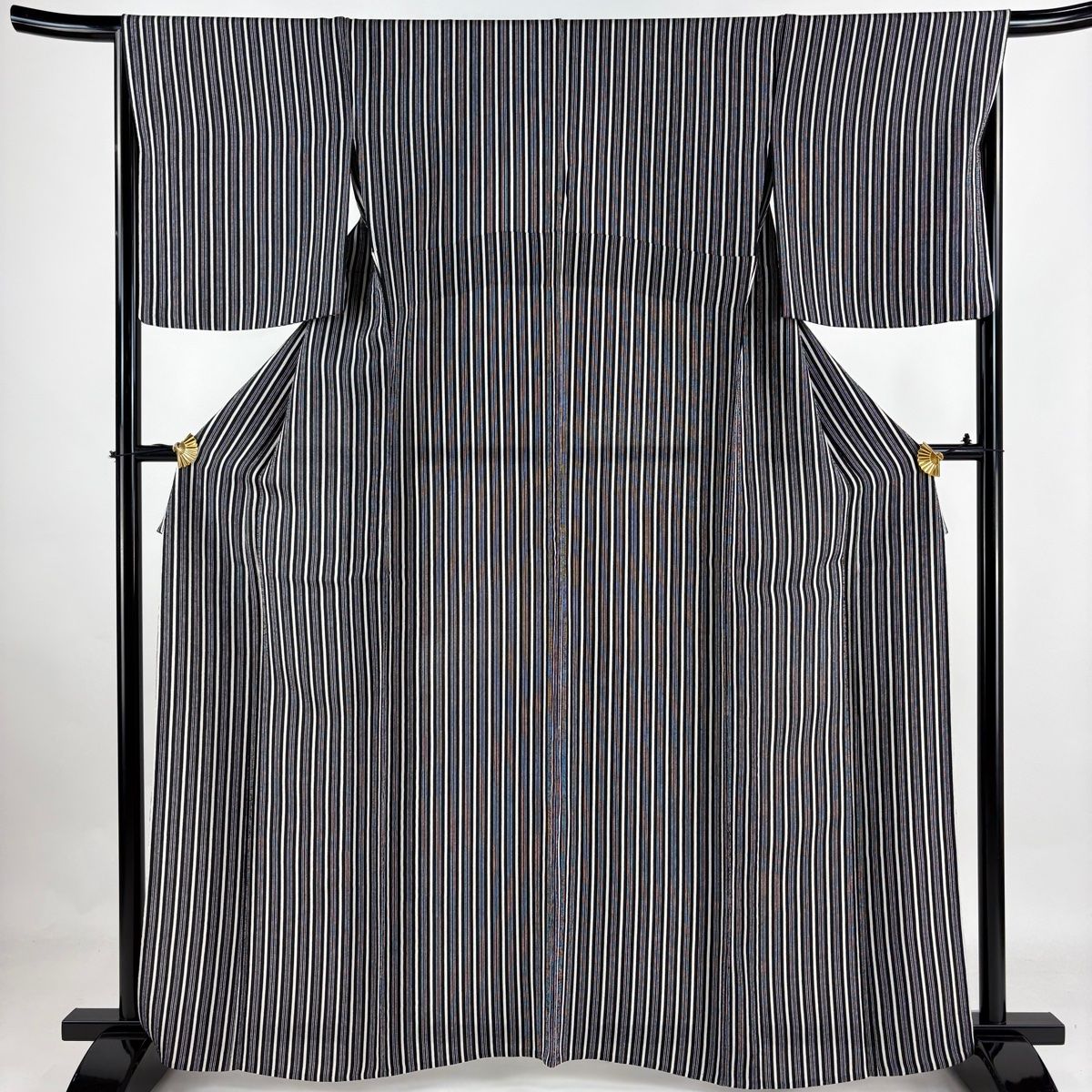 小紋 身丈162cm 裄丈66cm M 単衣 縦縞 縮緬 黒 正絹 秀品
