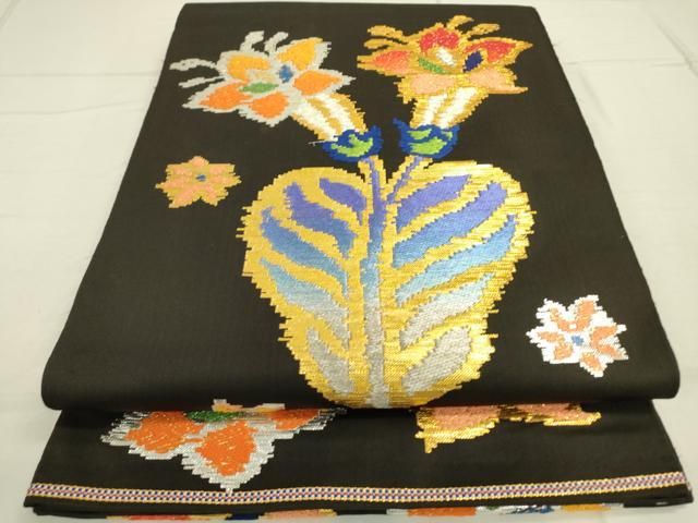 龍村平蔵　定価25万　大特価 平和屋着物○龍村平蔵製 六通柄 本袋帯 モール一房文 黒地 金