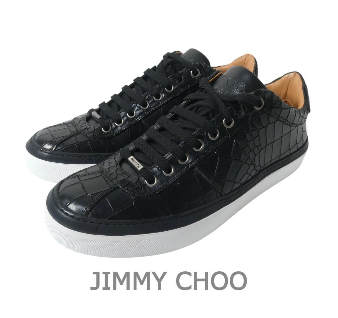 新品同様 JIMMY CHOO ジミーチュウ スニーカー クロコダイル型押し レザー ロゴ レースアップ ローカット ブラック サイズ40 約25cm メンズ
