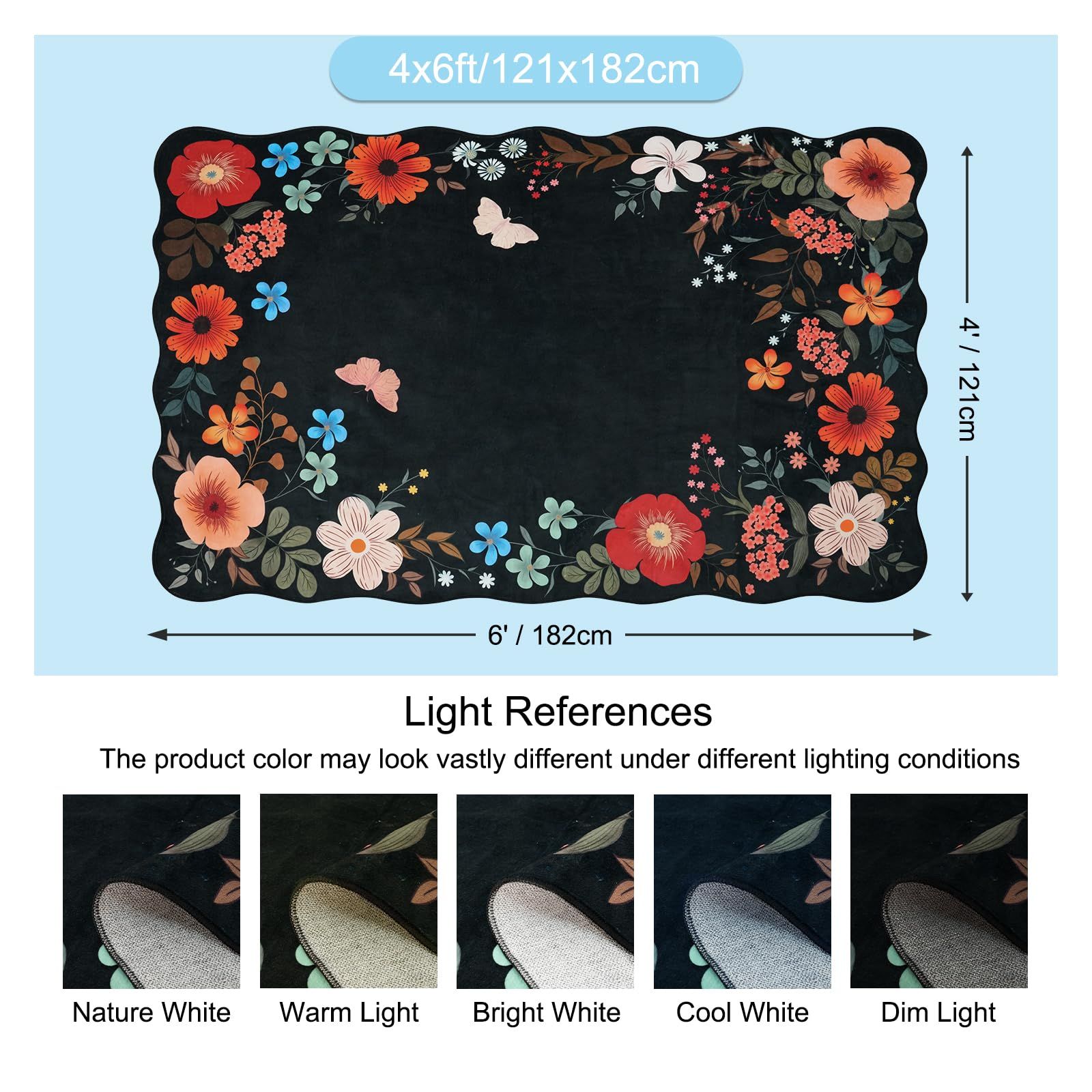 MOSISO 4x6 約121cmx182cm リビングルーム用エリアラグ ソフト ノンスリップ ウェーブエッジ バタフライ-フラワー 柄 ローパイルカーペット 家庭 ビング 寝室 ダイニング ホーム用 フェイクウール 長方形 洗えるカーペット ブラック