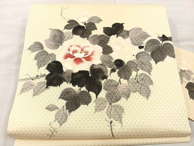 平和屋着物○九寸名古屋帯 草花文 黒地 金彩 鬼しぼ縮緬 正絹 逸品  