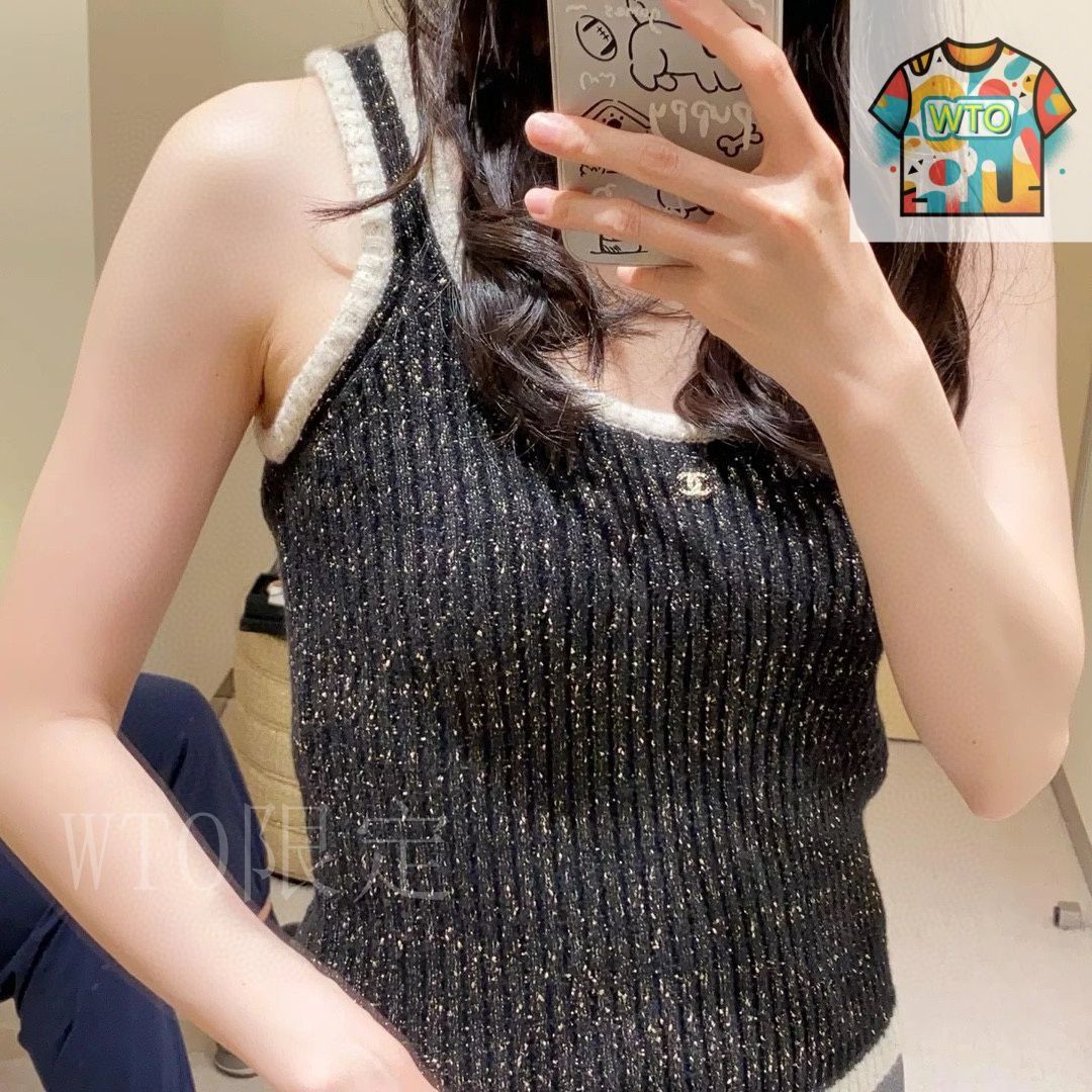 新作♥CHANEL♥上品なブラックハット♡ 今日特価】Chanel New Dual C Rhinestone Color-Block Tank Top