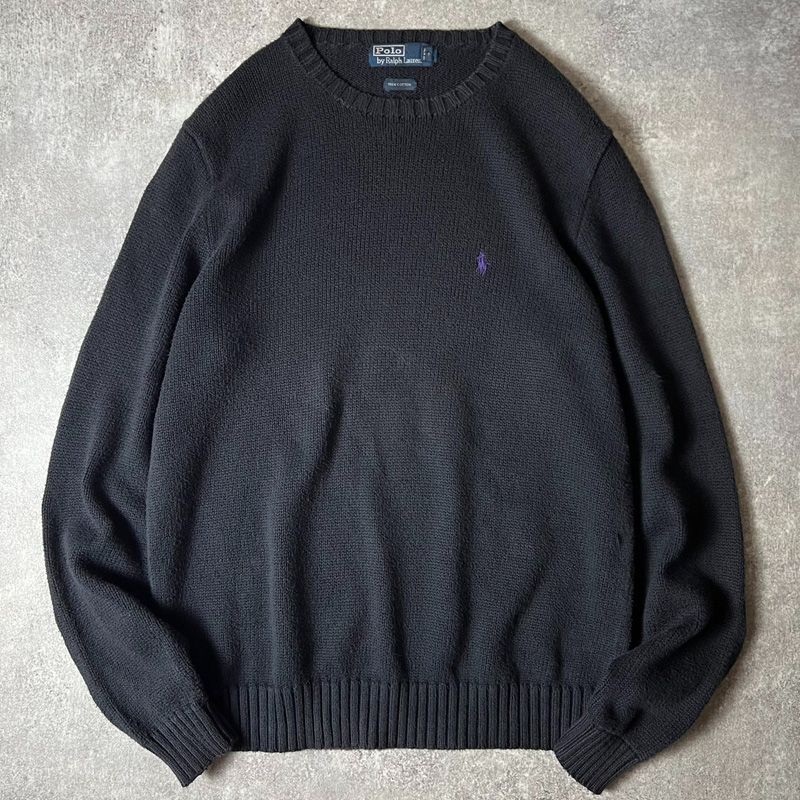 90s POLO RALPH LAUREN コットン ニット セーター M / 90年代 オールド ポロ ラルフローレン ポニー刺繍 ブラック