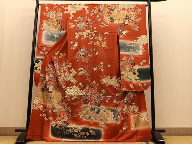 スワトウ刺繍 金彩 霞 扇 牡丹 付け下げ 着物 093w p