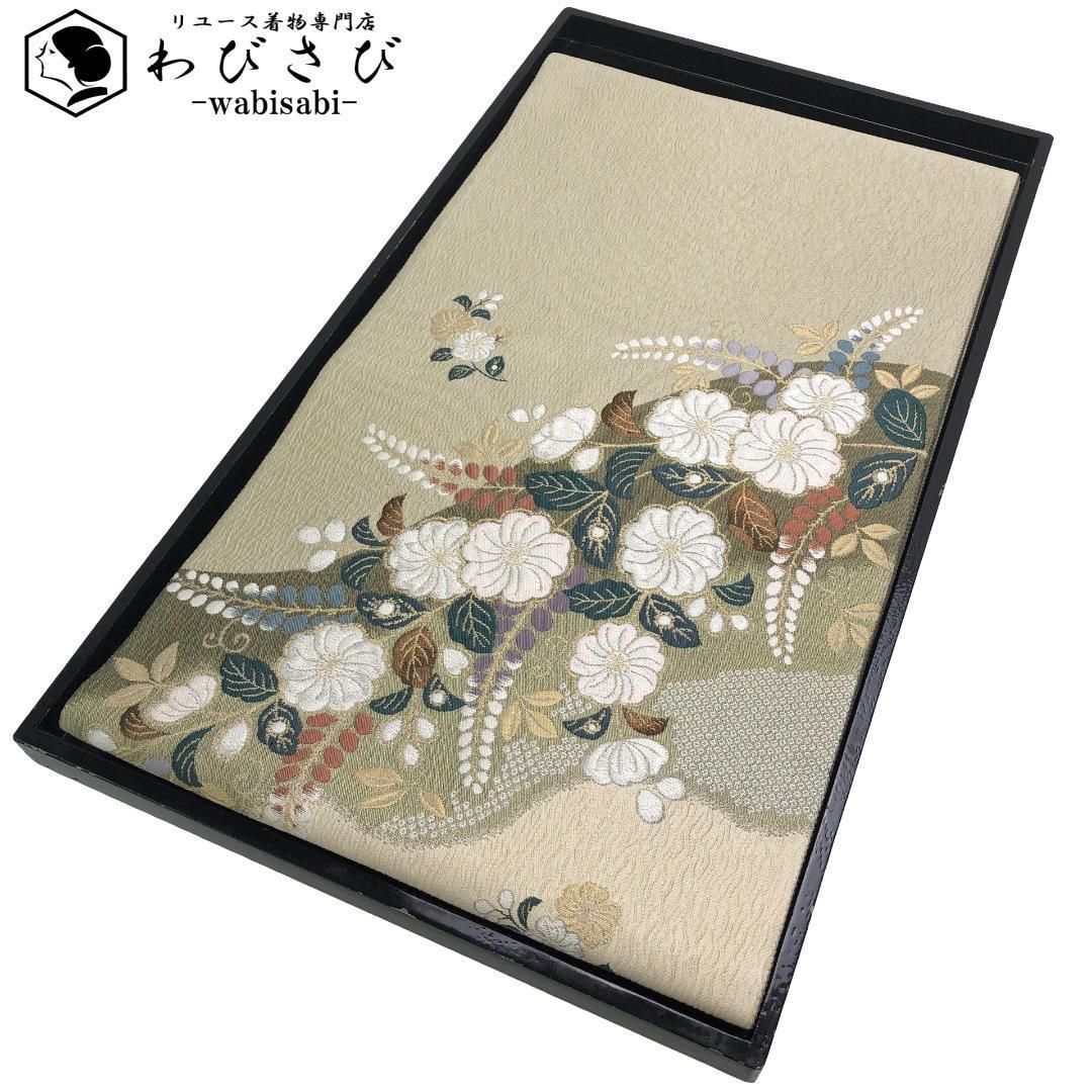 袋帯 辻が花模様 蕎麦切色 金銀糸 O-5494