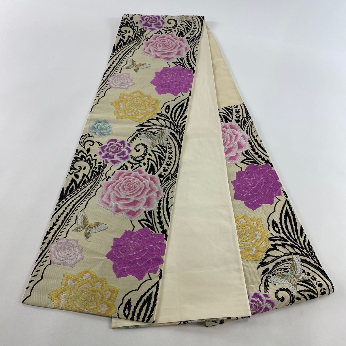 中古美品 振袖用 六通柄 袋帯 薔薇文様／白銀地に紫・浅葱（b3235121