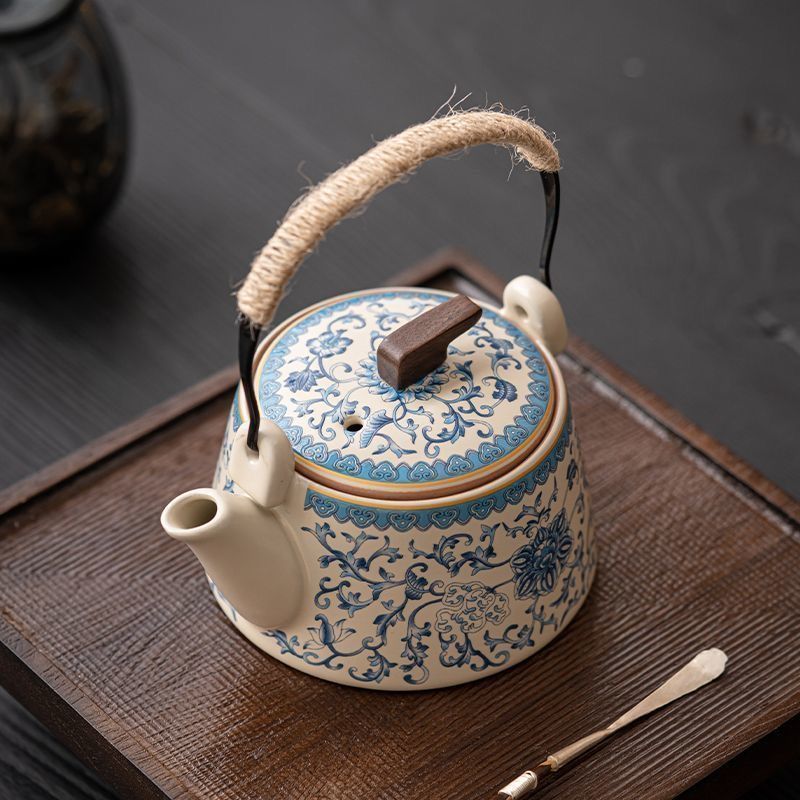 中国風汝窯青花茶壺、小サイズの提梁壺、セラミック茶具、汝瓷の