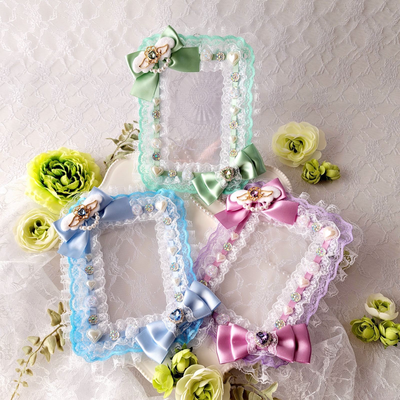 ♡現品販売♡ デコ硬質ケース 水色×薄紫 フラワーブーケ 花束 レース