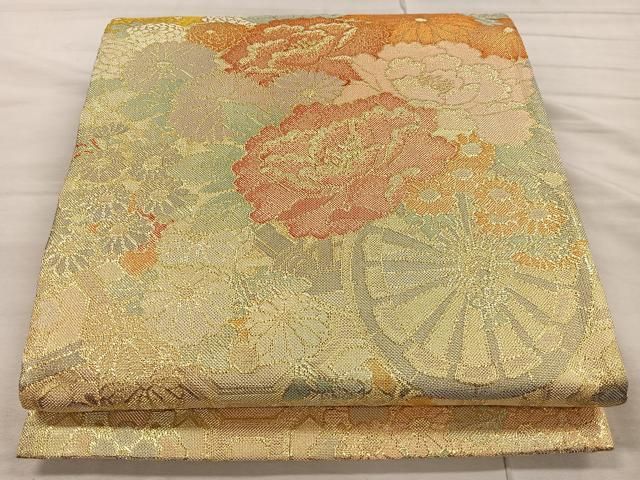 ◆781◆六 通柄　袋帯　刺繍　華文　有職文様　唐草　正絹　着物帯　和装 袋帯 秀品 関西仕立て 花唐草 有職文様 金銀糸 刺繍 赤紫 お太鼓