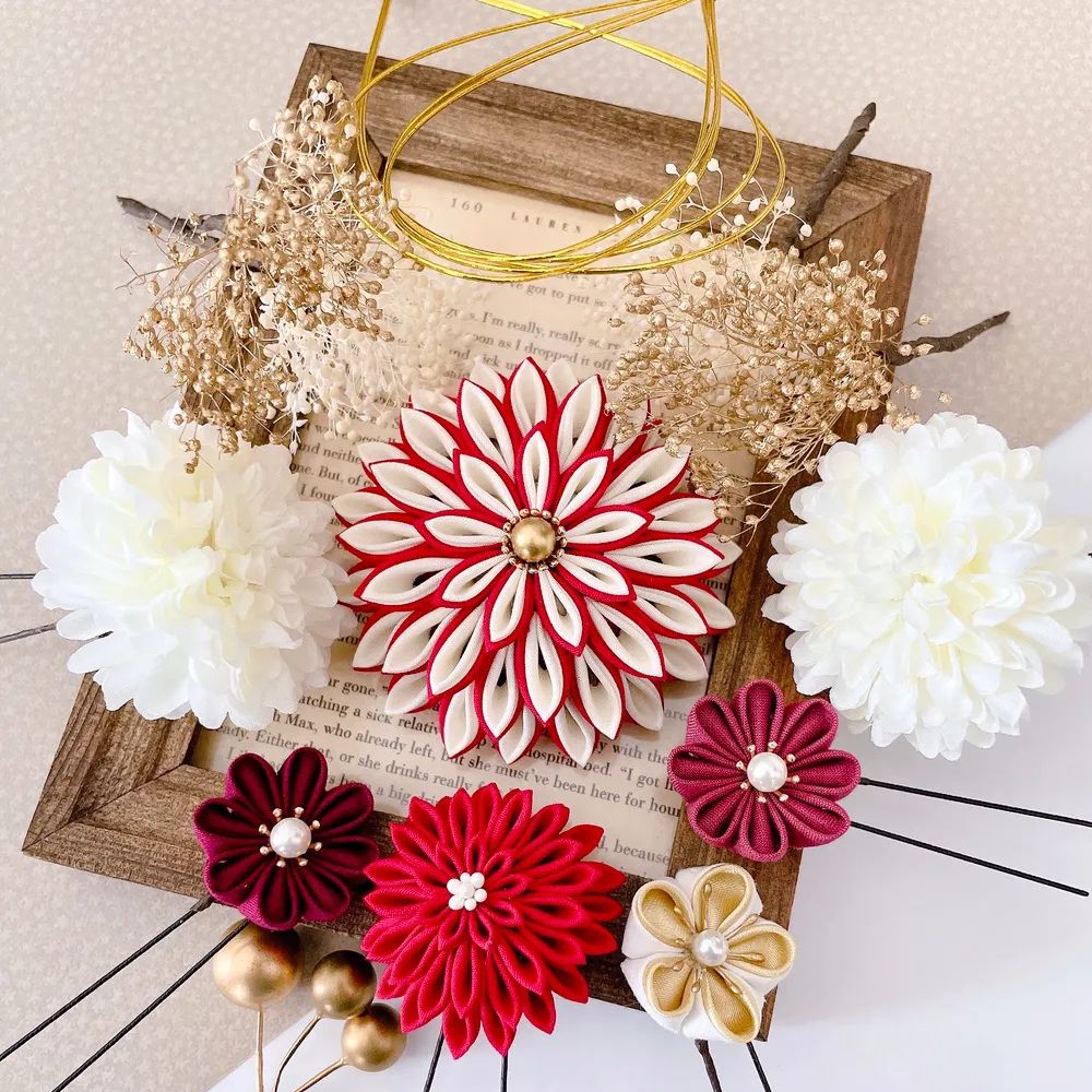 つまみ細工髪飾り【赤×レッド】成人式 七五三 和装 着物 結婚式