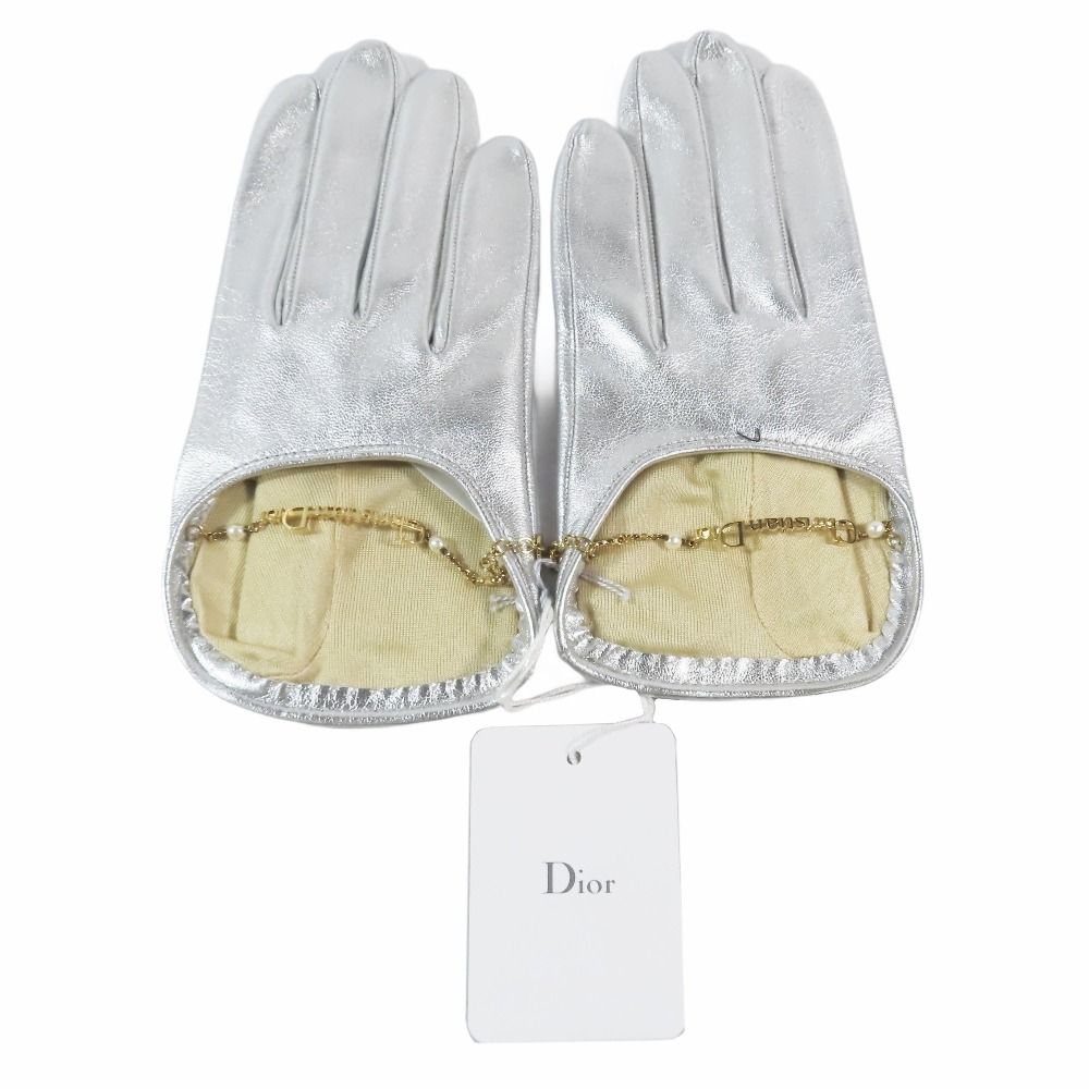 Christian Dior クリスチャンディオール ラムレザー グローブ 革手袋 ロゴ-パールチェーン チャーム メタリックシルバー レディース 古着