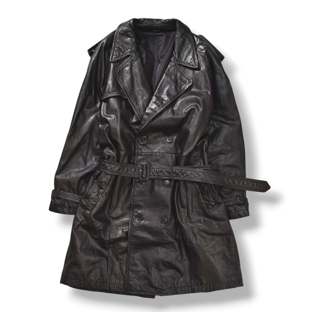 廃盤 90s ヴィンテージ テツ コムサ デ モード TETSU COMME CA DU MODE 牛革 カウハイド レザー トレンチ コート センターベント 総裏地 F ブラック モード デザイナーズ メンズ