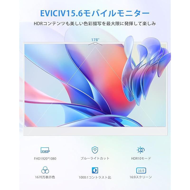 モバイルモニター EVICIV 15 6インチ モバイルディスプレイ ゲームモニター 1920 1080 スイッチ用 ポータブルモディスプレイ 非光沢IPS液晶パネル 薄型 軽量 ペンホールスタンド VESA対応 保護カバー付き USB Typ 1