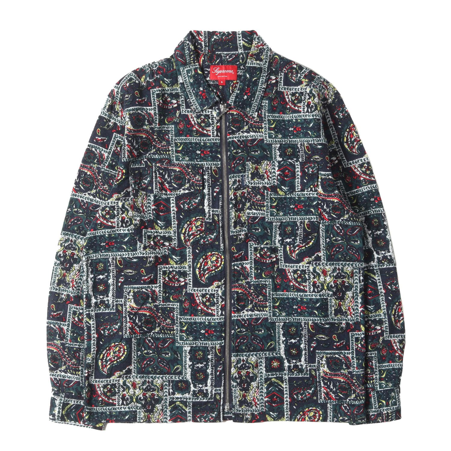Supreme シュプリーム シャツ サイズ:S パッチワーク バンダナ プリント ジップ フランネルシャツ Broken Paisley Flannel Zip Up Shirt ネイビー グリーン トップス カジュアルシャツ 長袖【メンズ】