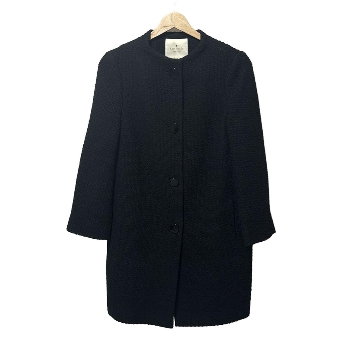 【美品】kate spade ツイードロングコート ブラック ノーカラー 0 S Kate spade(ケイトスペード) コート サイズ0 XS レディース美品 - 黒