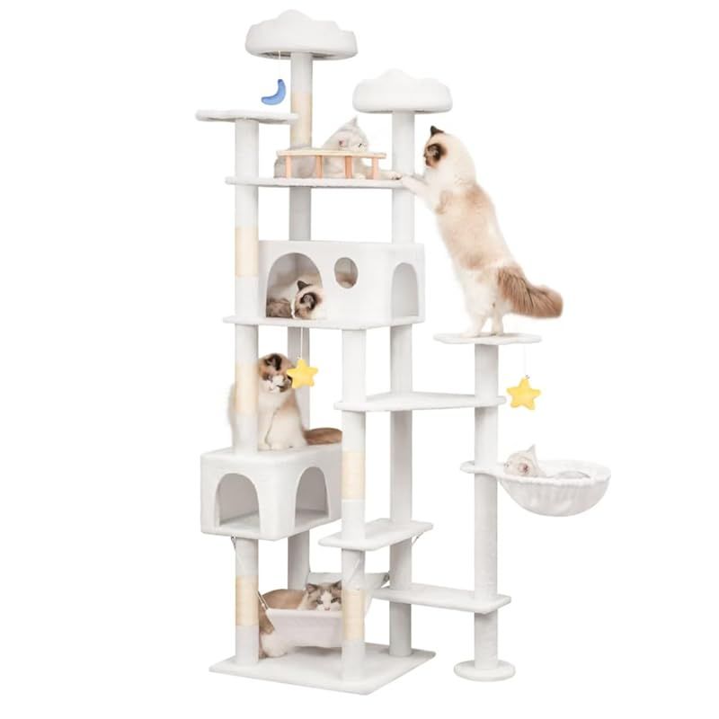 Meecal キャットタワー 大型猫用 猫タワー 多頭飼い 雲型い猫 ベッド 猫 ハウス 広いハンモック 天然サイザル麻爪研ぎポール 見晴らし台 ぬいぐるみ キャット タワー 人気 おもちゃ 可愛 据え置き 転倒防止 運動不足解消 - 高さ215cm ホワ 0