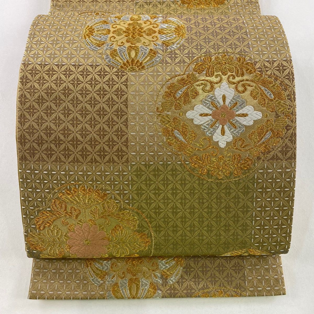 袋帯 秀品 華文 菊 金銀糸 箔 金茶 六通 正絹