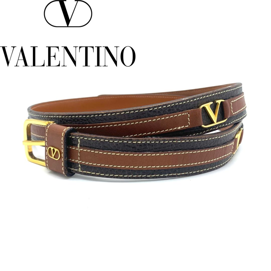 VALENTINO GARAVANI ベルト 80 レザー ゴールド金具 ロゴ ユニセックス ブラウン