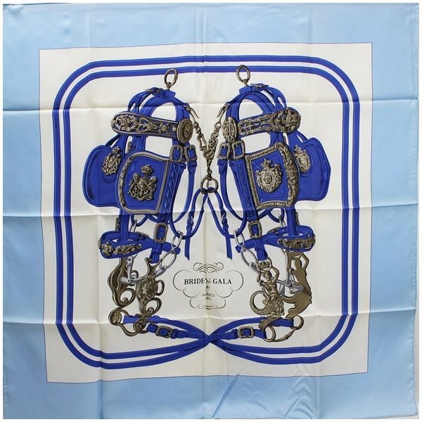 440円10万円未使用品 HERMES エルメス カレ90 BRIDES de GALA 式典用の馬勒 スカーフ シルク ライトブルー レディース
