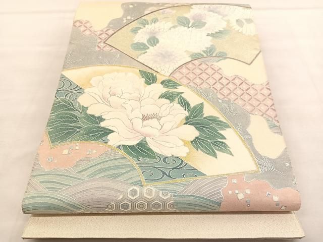 平和屋着物○両面 太鼓柄袋帯 紬地 葡萄花唐草文 金彩 正絹