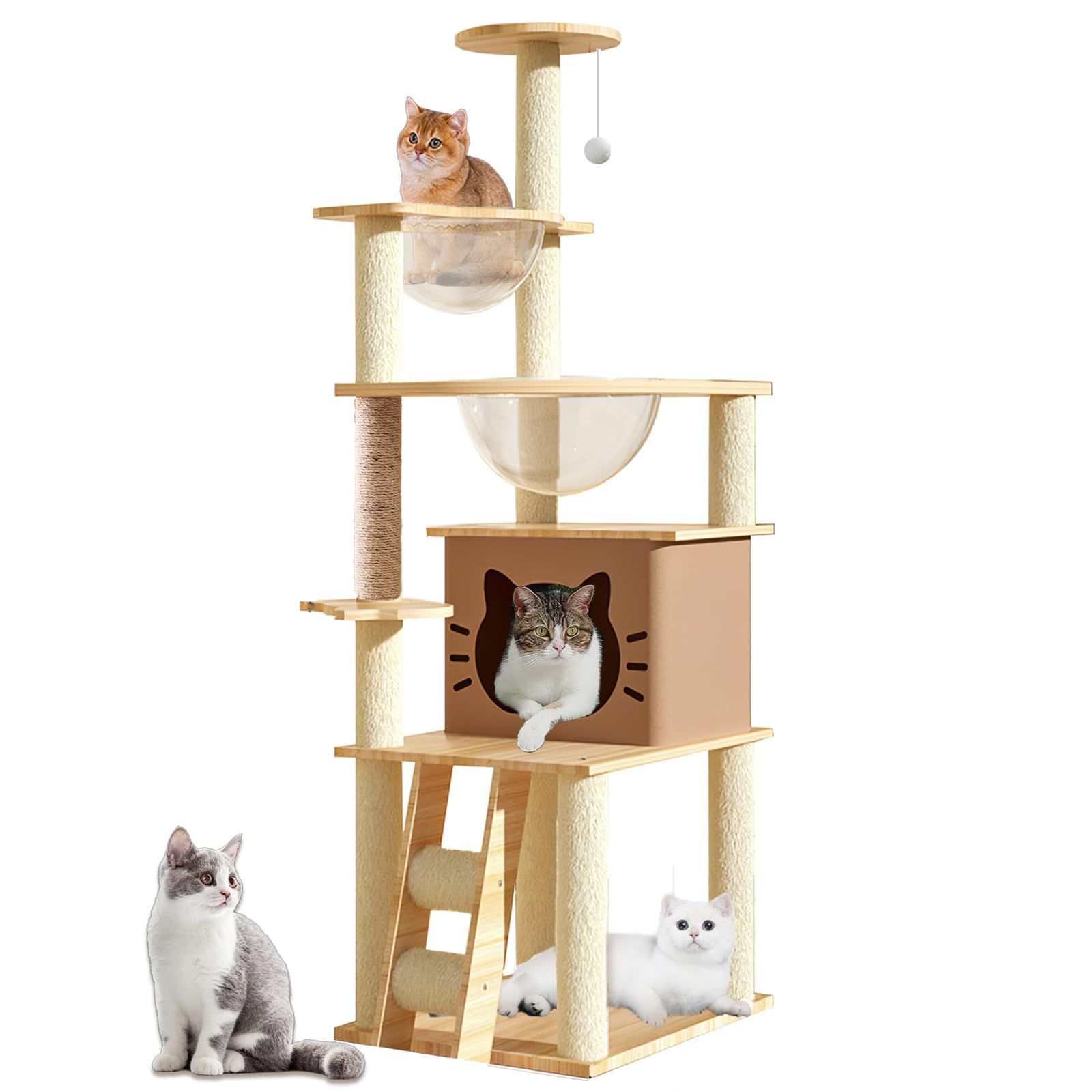 数量 Yinanroa キャッキャットタワー -キャットタワー宇宙船-猫タワー 爪研ぎ おしゃれ 大型猫 子猫-運動不足解消 おもちゃ-猫ハウス-展望台 麻紐 猫おもちゃボール-耐荷重20kgキャットタワー木製トタワー-140CM