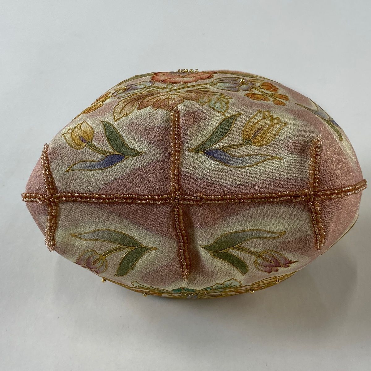 和装バッグ 美品 逸品 OKAJIMA 草花 金彩 ビーズ ピンク 正絹
