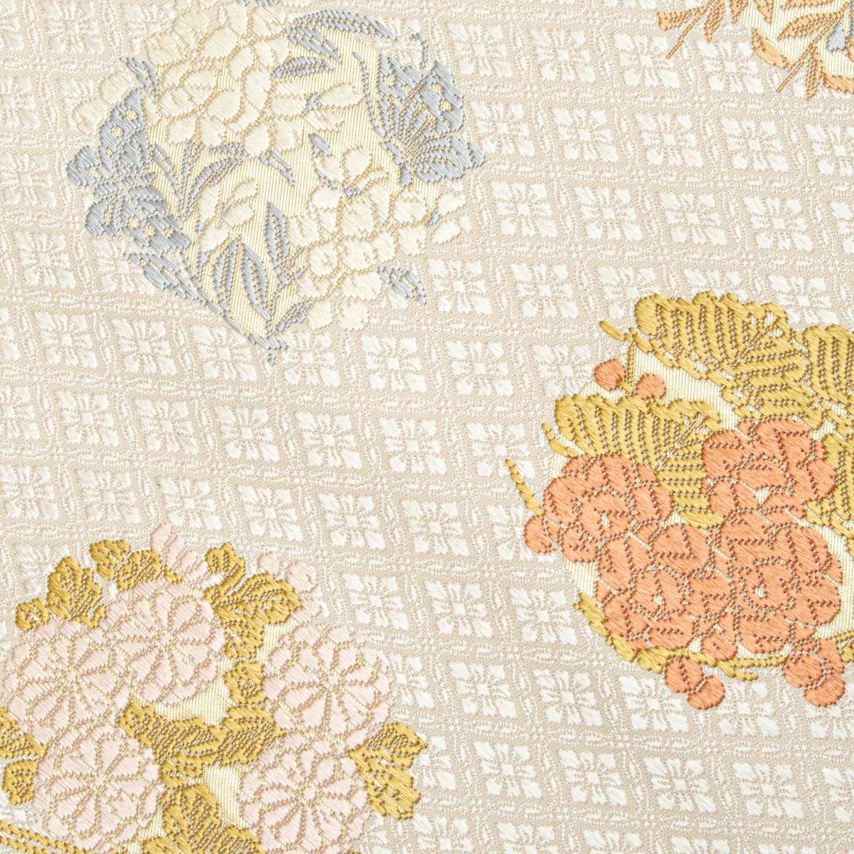 美品】袋帯 唐織 金彩 四季花 丸文 花菱繋ぎ クリーム 西陣織 礼装用