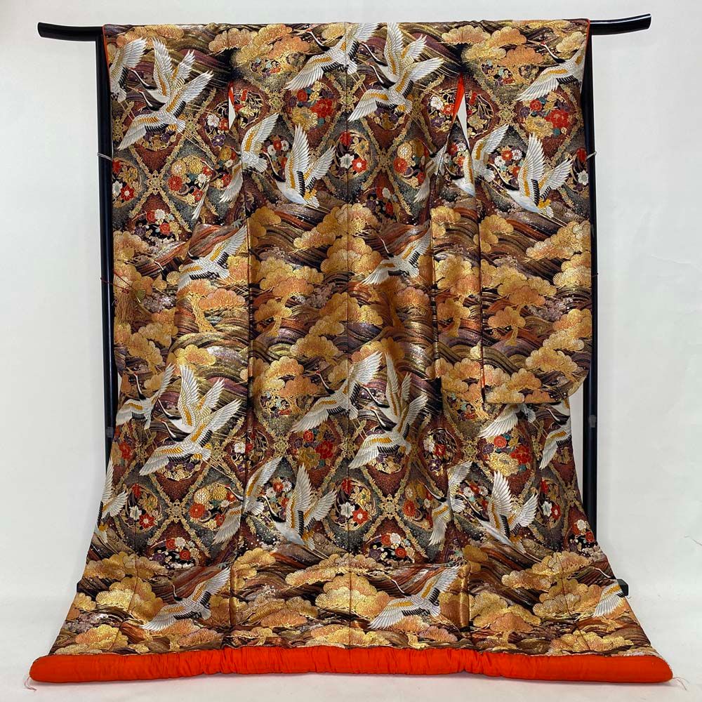 色打掛 正絹 鶴 刺繍 金 黒 打掛 Mサイズ 裄66.5 花嫁衣裳 婚礼  